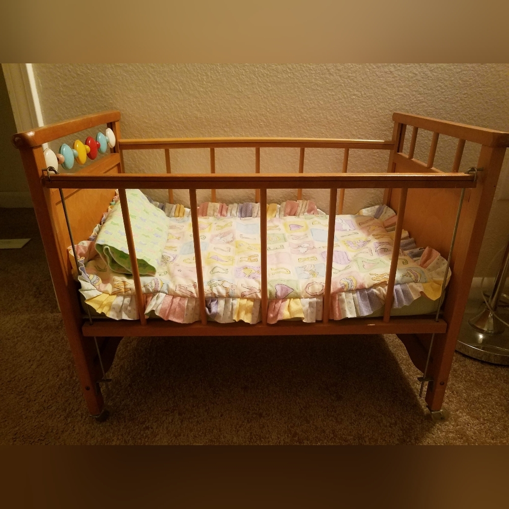 Vintage Wooden Doll Crib Drop Side & Wooden Casters Spinner Play Design 1960